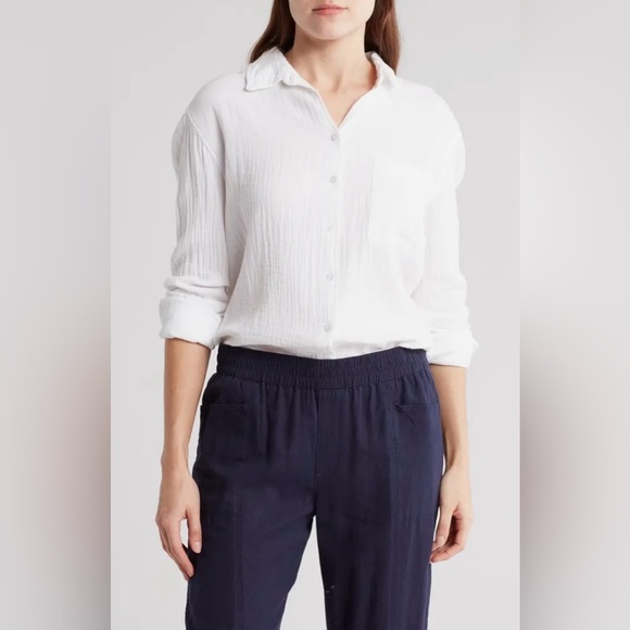 Caslon Relaxed Cotton Gauze Button-Up Shirt White Size Small - Picture 1 of 8